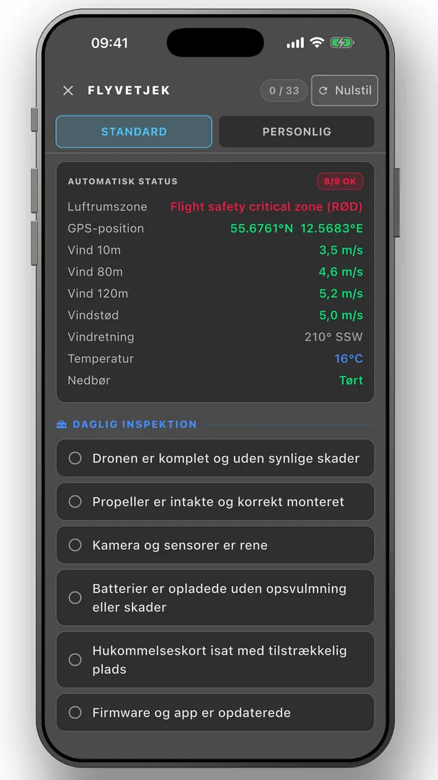 Tjeklister før flyvning